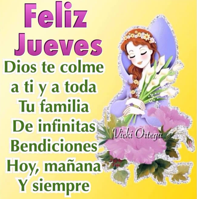Niña con flores blancas y frases de feliz jueves