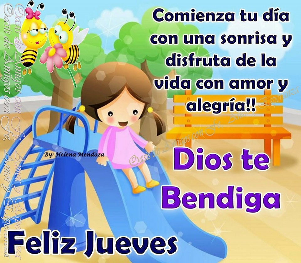 Niña con abejas, y frases feliz jueves Dios te bendiga