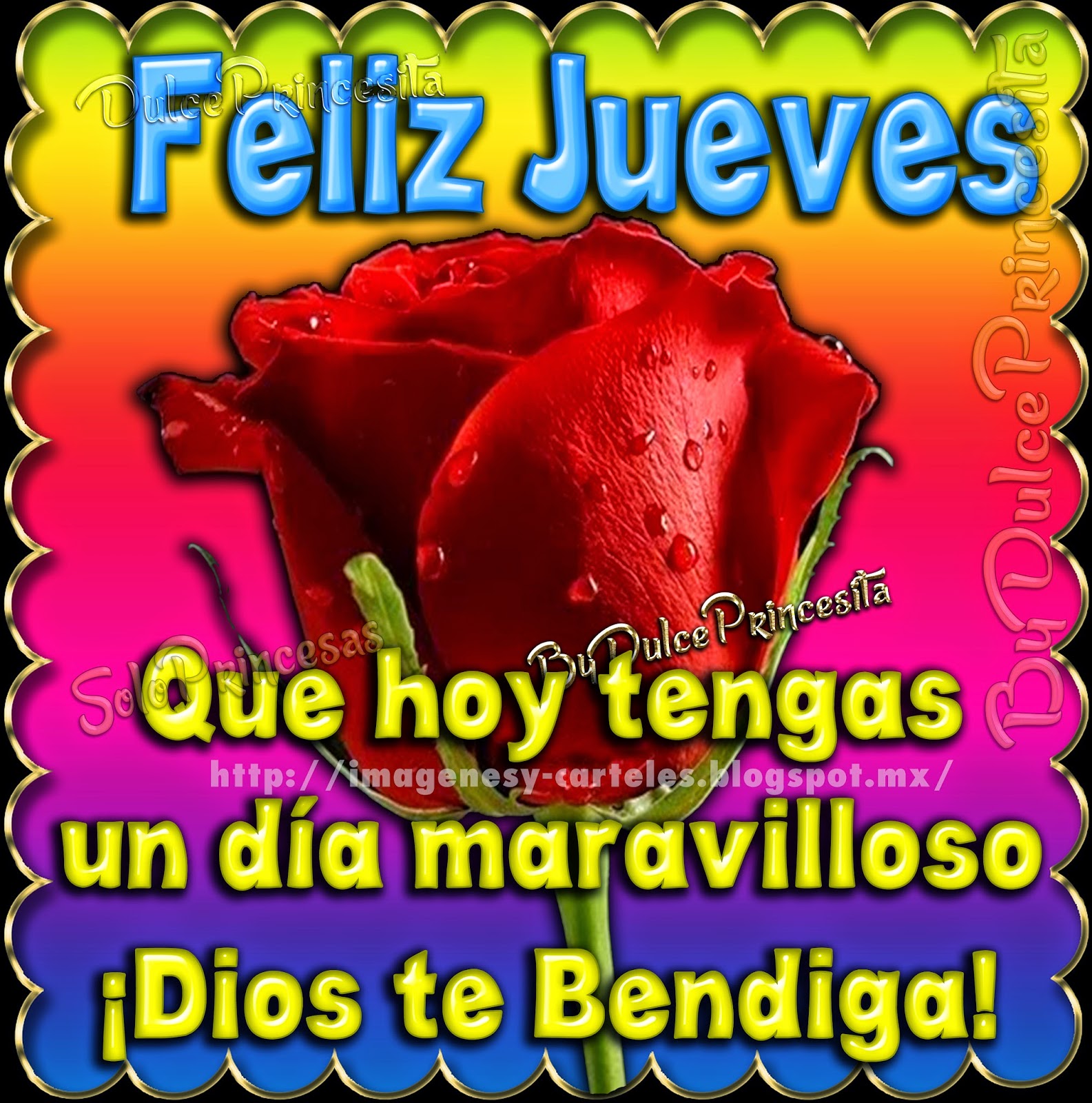 Rosa roja con frases amarillas de feliz jueves Dios te bendiga