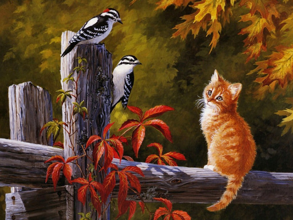 pajaros-y gatos-al-oleo