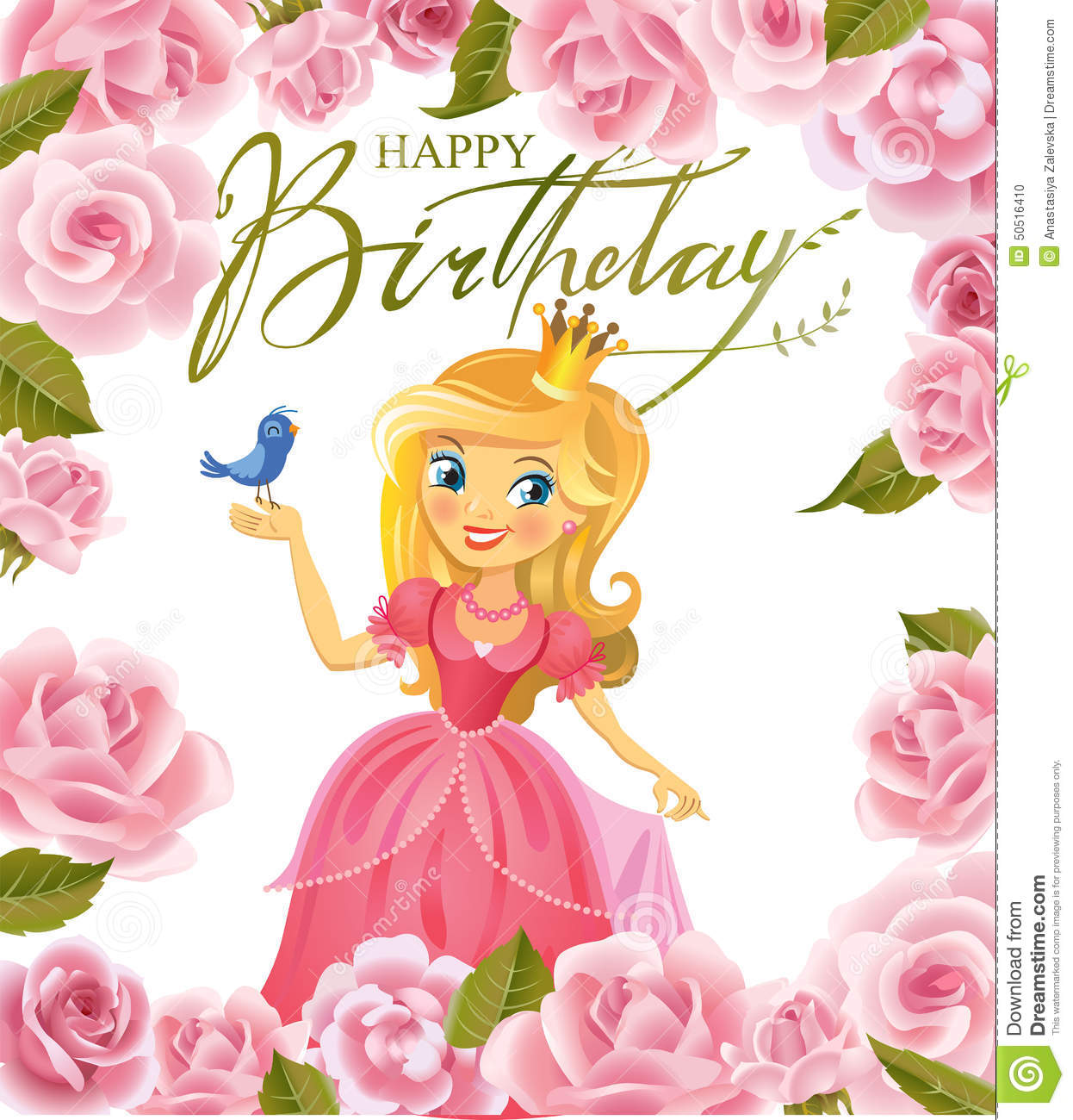 happy-birthday-princess-greeting-card-illustration-beautiful-keeping-bird-hand-frame-roses-wight-background-50516410